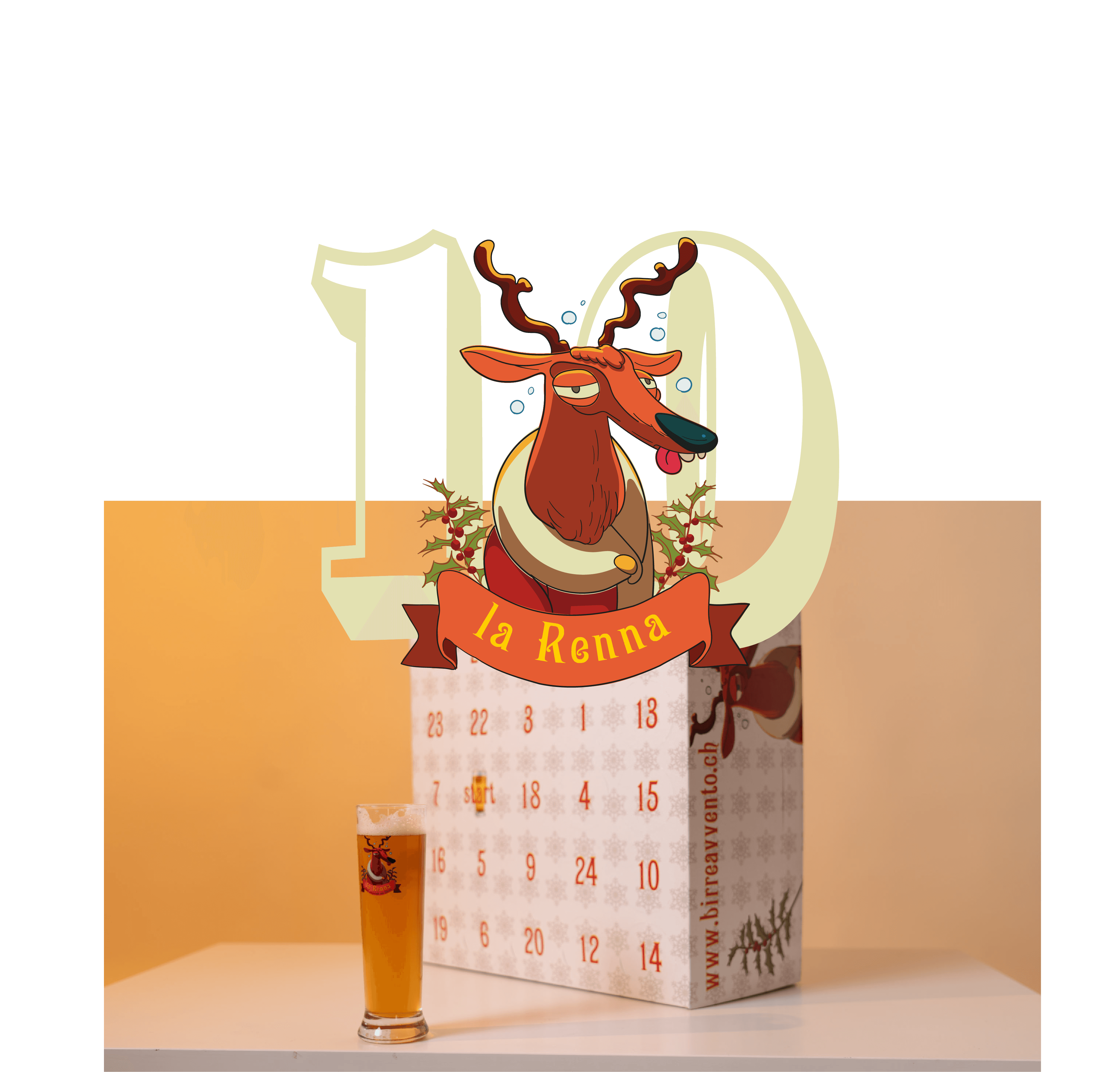 Il calendario dell'avvento Birreavvento con il logo della Renna e un bicchiere di birra
